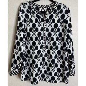 Talbots Womens XL Black‎ White Geometric Blouse Top Preppy Career Going Out
